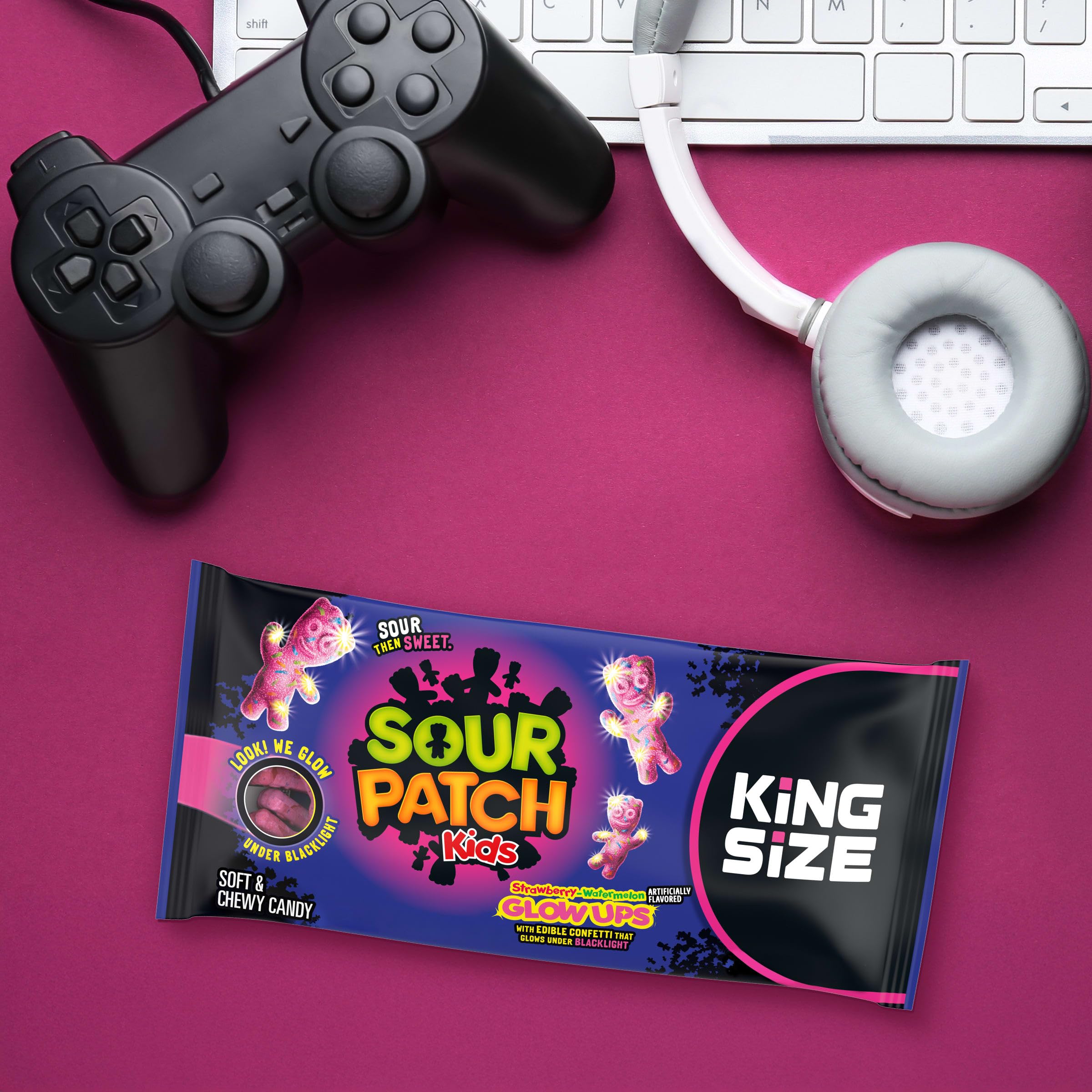 SOUR PATCH KIDS Glow Ups Strawberry-Watermelon Soft & Chewy Gummy Candy, King Size, 2.99 oz - Image 7